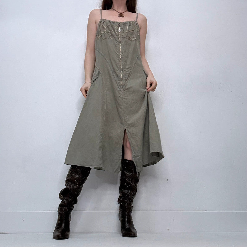 khaki embroidered zip midi dress