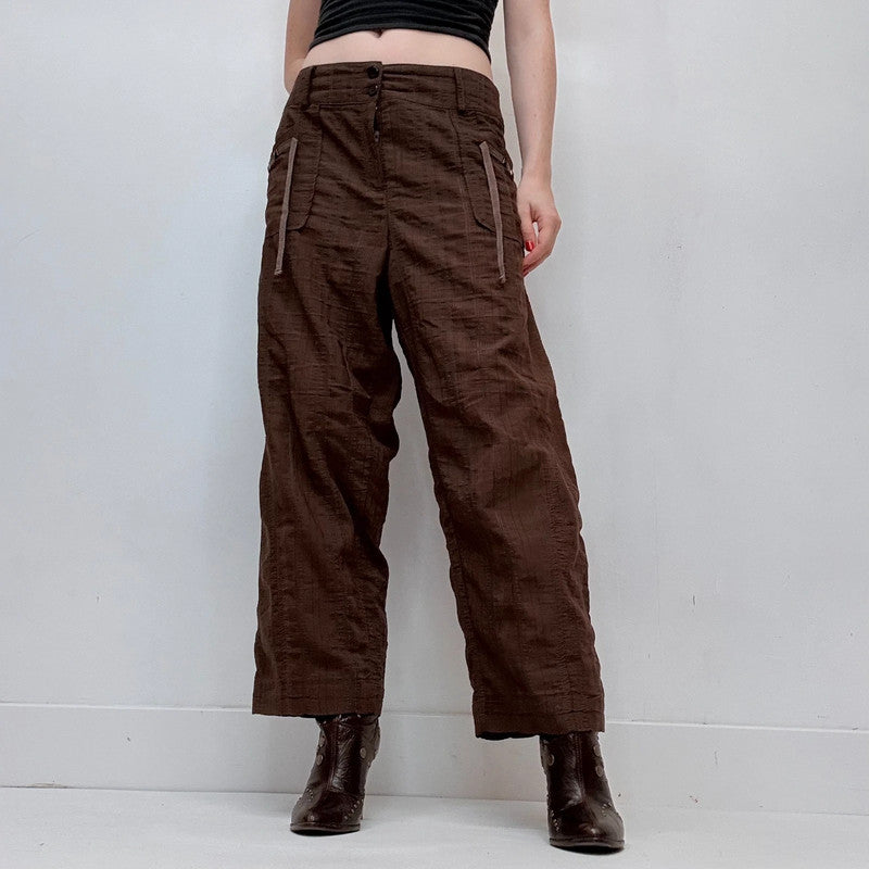 brown checked textured wide-leg utility pants