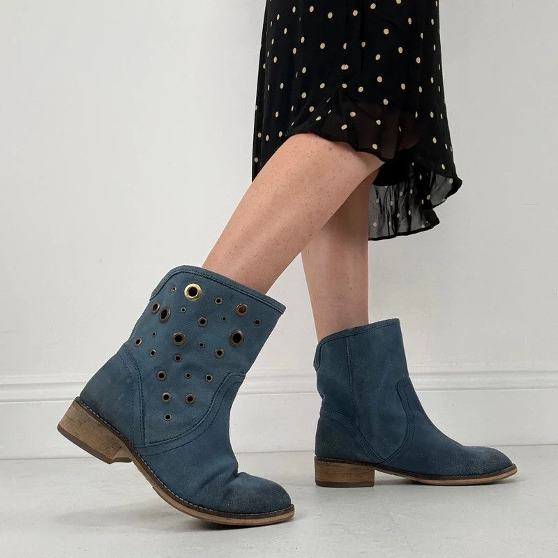 Blue suede studded eyelet ankle boots