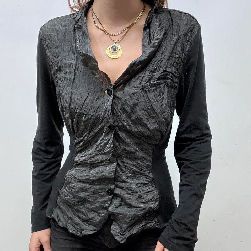 crinkle textured flared cardigan shirt