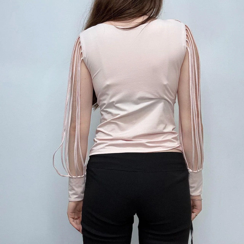 pastel pink cut-out sleeve flared shirt
