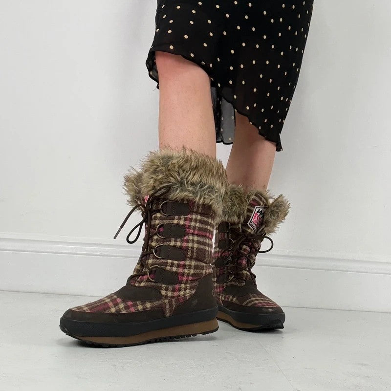 Brown tartan faux fur Animal ski style boots