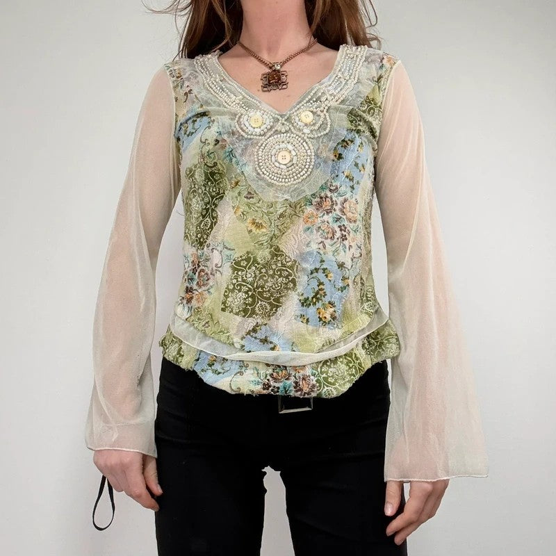 Mesh boho flare paisley print blouse t-shirt