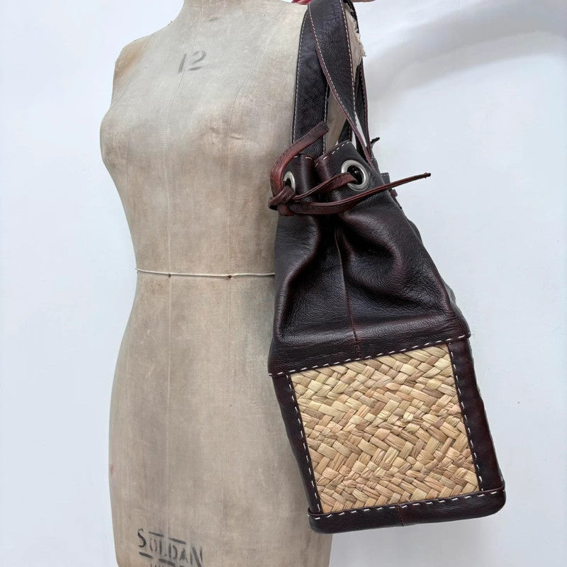 brown leather rattan basket bag