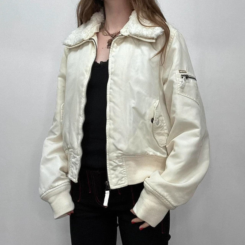 cream slouchy fur bomber jacket