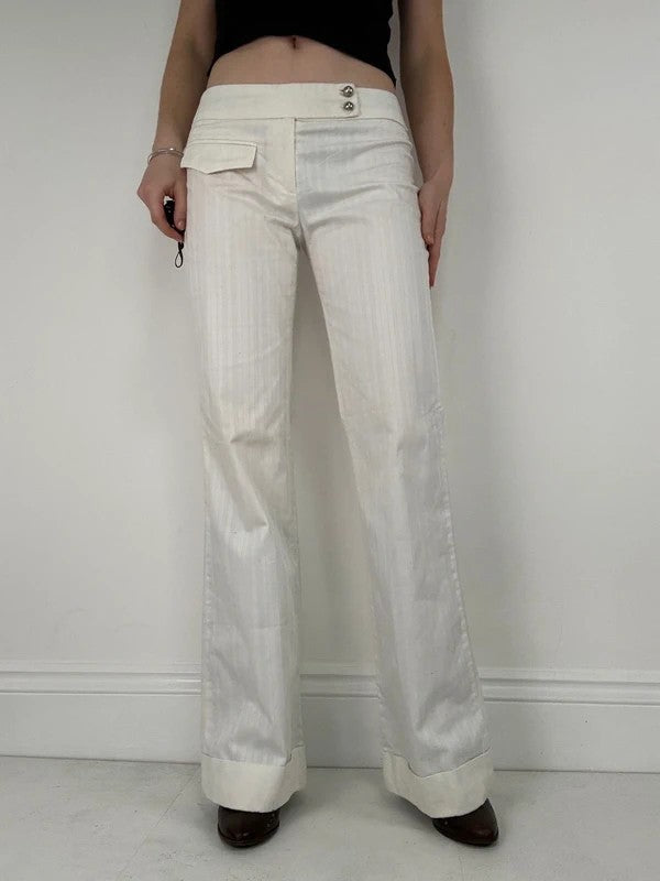 Lot rise white cotton pinstripe flared trousers
