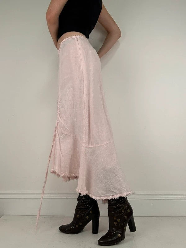 Pink linen flared asymmetric midi skirt