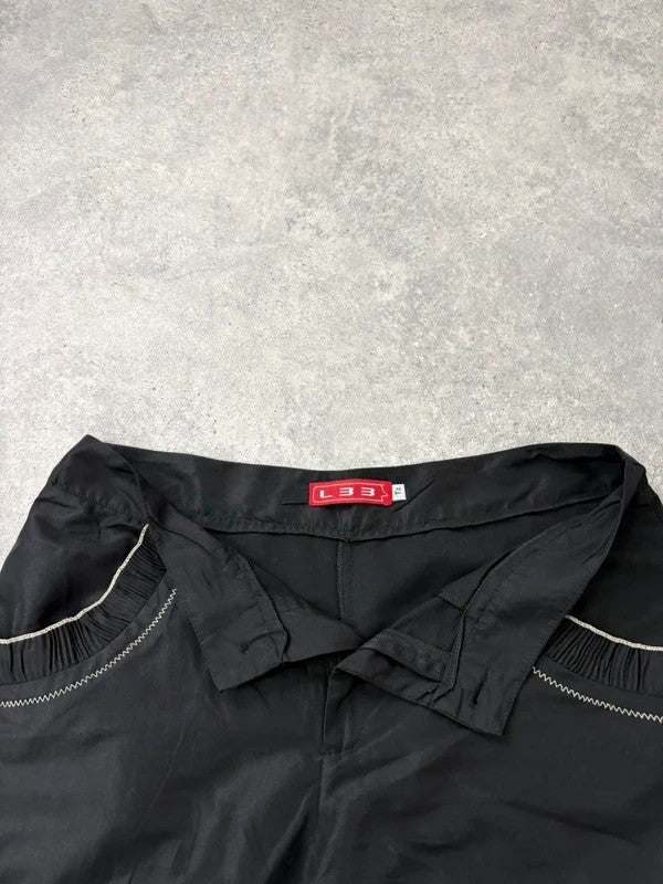 black capri pants pleated ruffle hem trousers