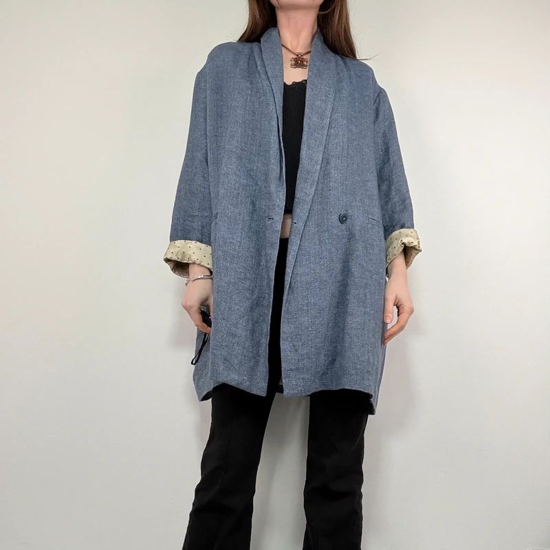 blue linen slouchy oversized long blazer