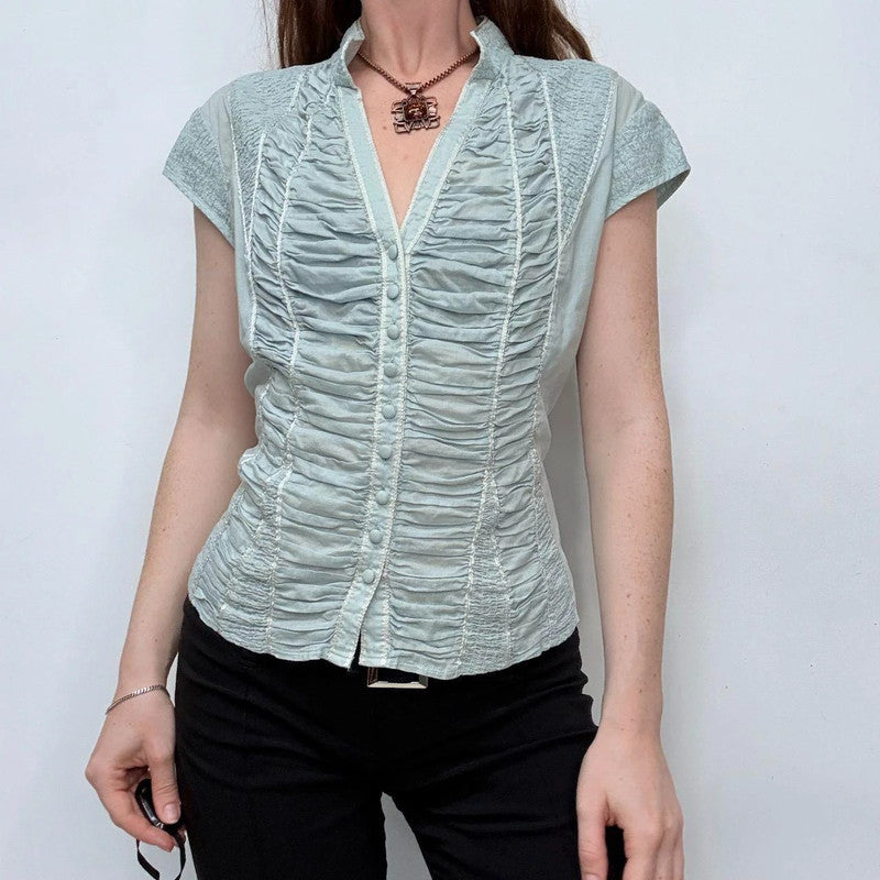 blue gathered cinched corset shirt