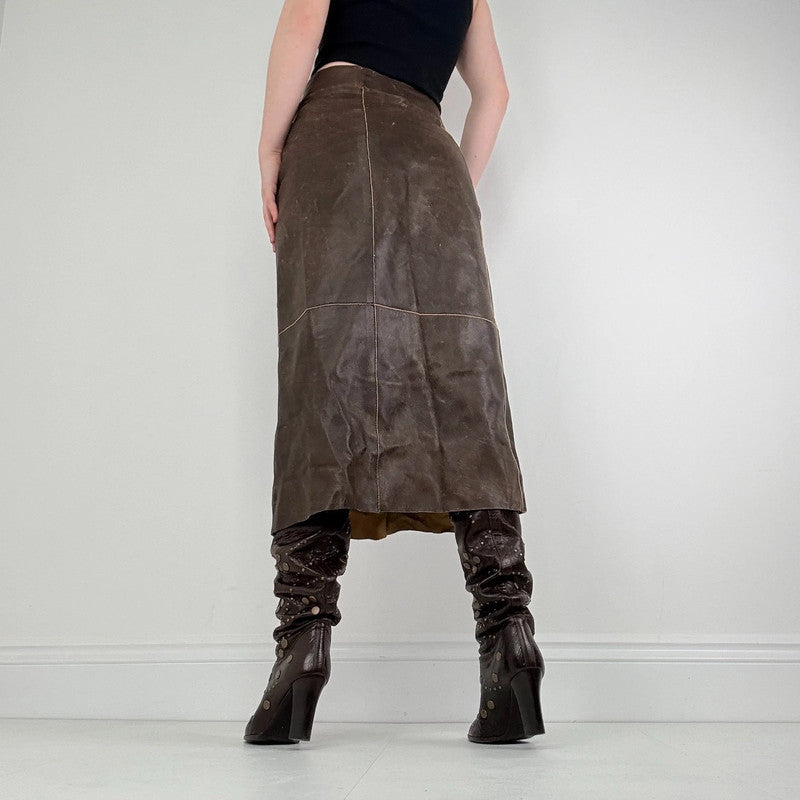 chocolate brown leather a-line midi skirt