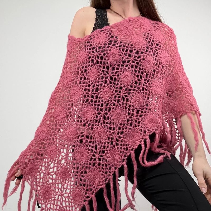 pink sheer knit crochet poncho
