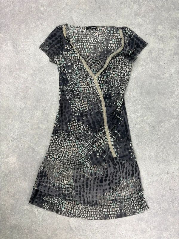 slouchy grey polkadot snake cowl neck draped mini dress