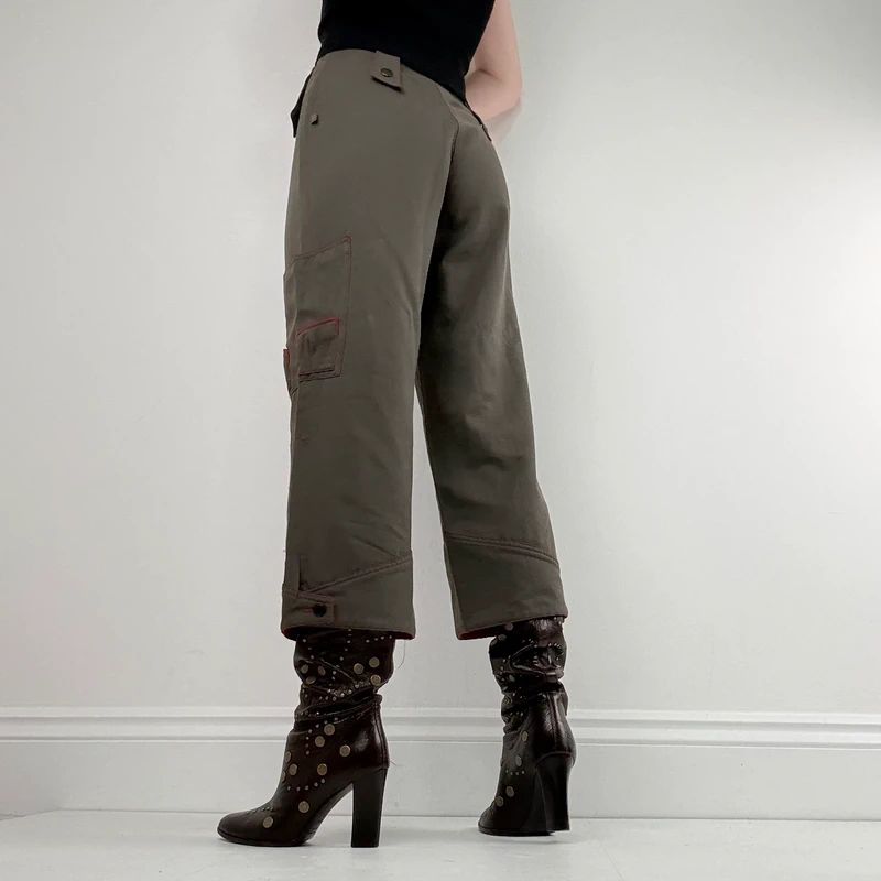 khaki cropped embroidered wide-leg trousers