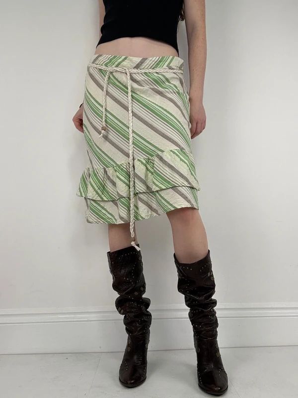 Pinstripe ruffle boho Y2K midi skirt