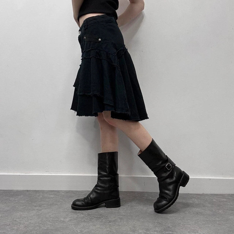 navy distressed midi skirt