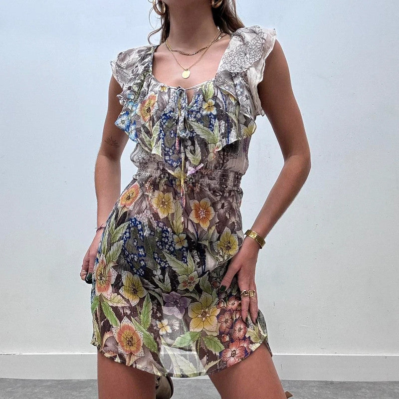 sheer floral fairy ruffle mini dress