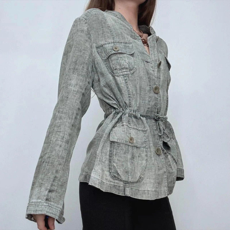 grey linen distressed cinched cargo shirt
