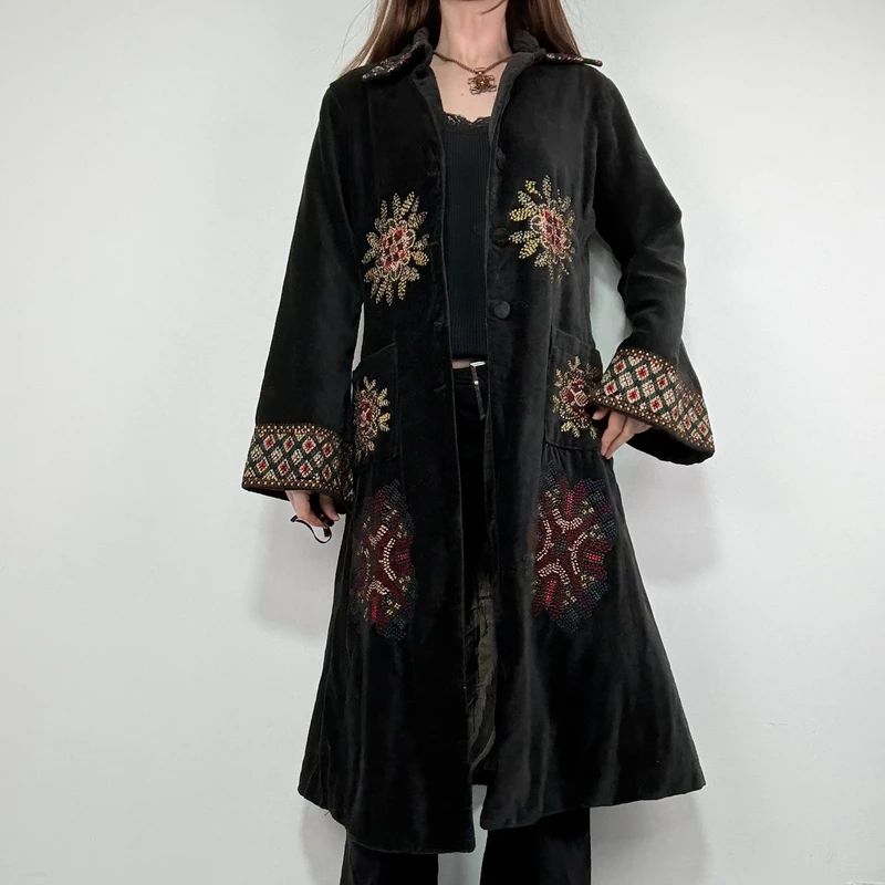 embroidered black velvet longline jacket