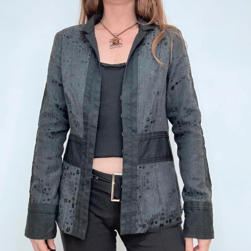 black printed distressed grunge hook and eye jacket