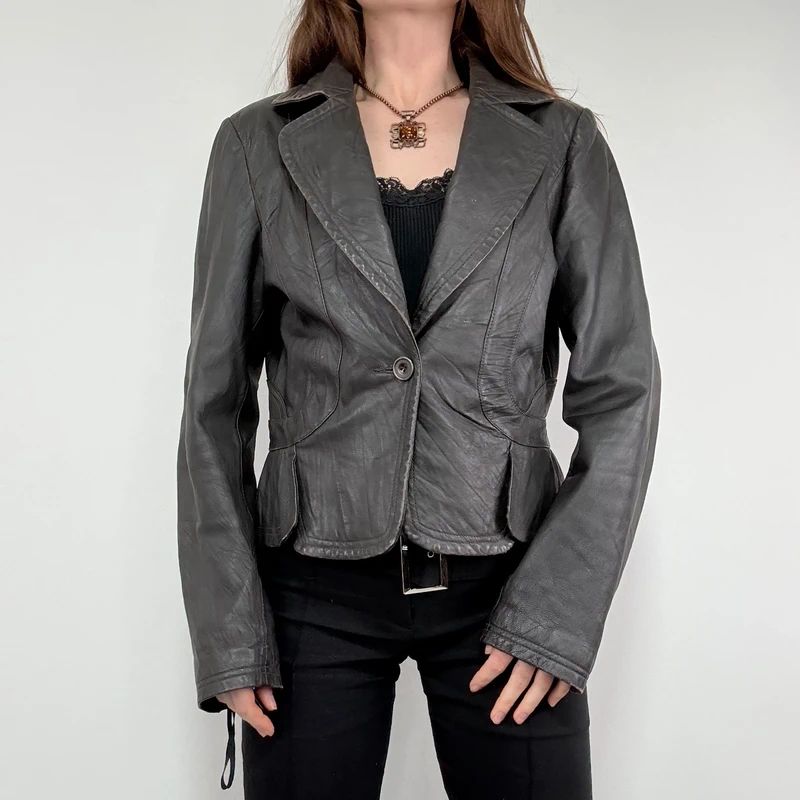 cropped dark brown leather jacket