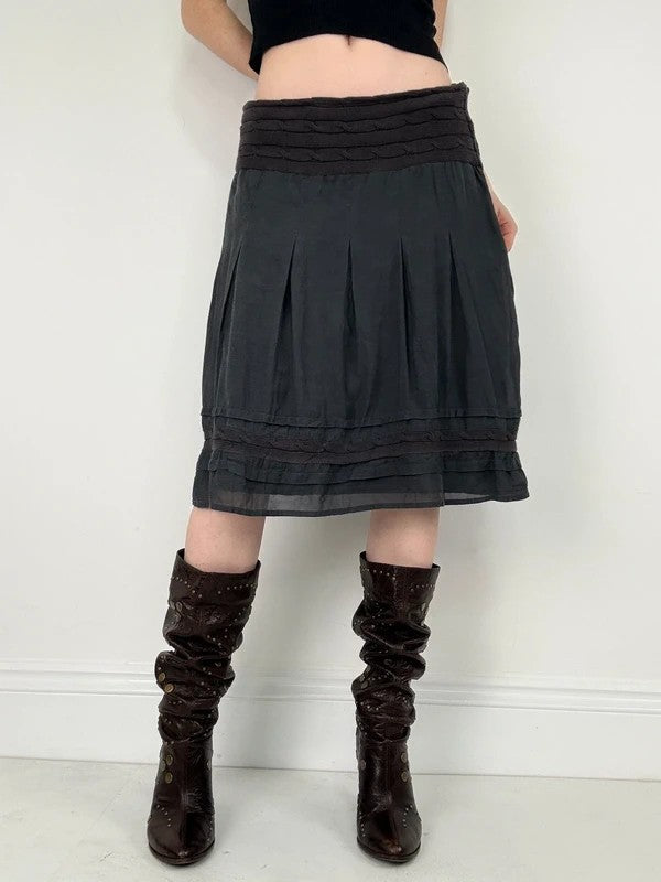 Blue low-rise drop-waist navy sheer midi skirt