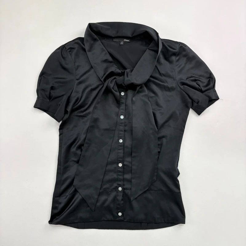 Black Satin Fitted Bow Shirt