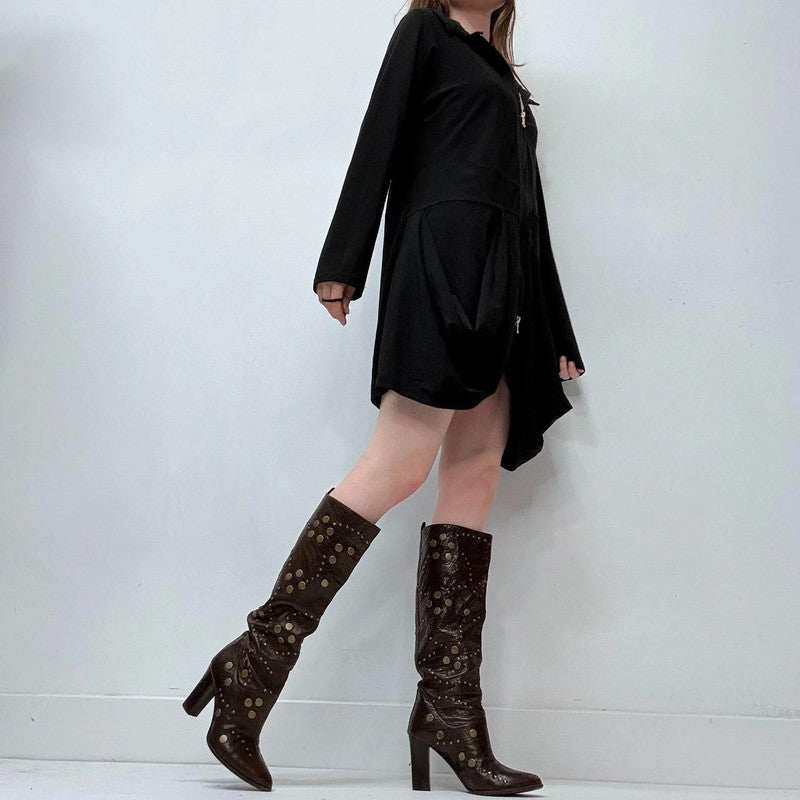 black draped long sleeve zip-up dress