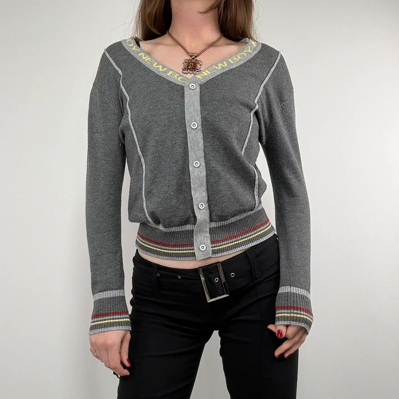 grey cropped knit pinstripe cardigan