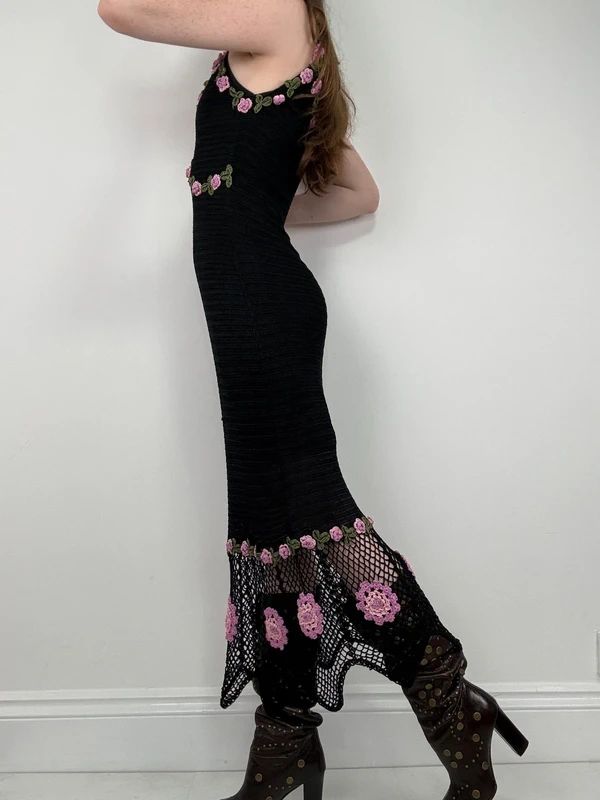 rene derhy crochet floral black summer maxi dress