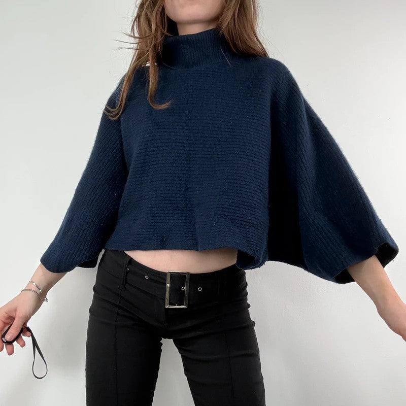 blue wool ribbed cape batwing jumper