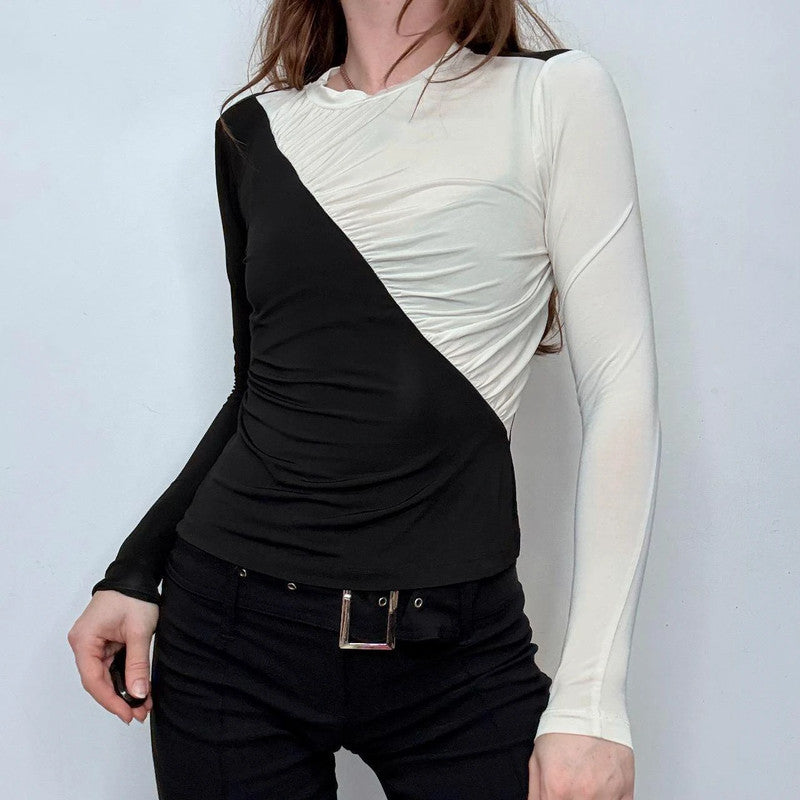 asymmetric black and white ruched t-shirt