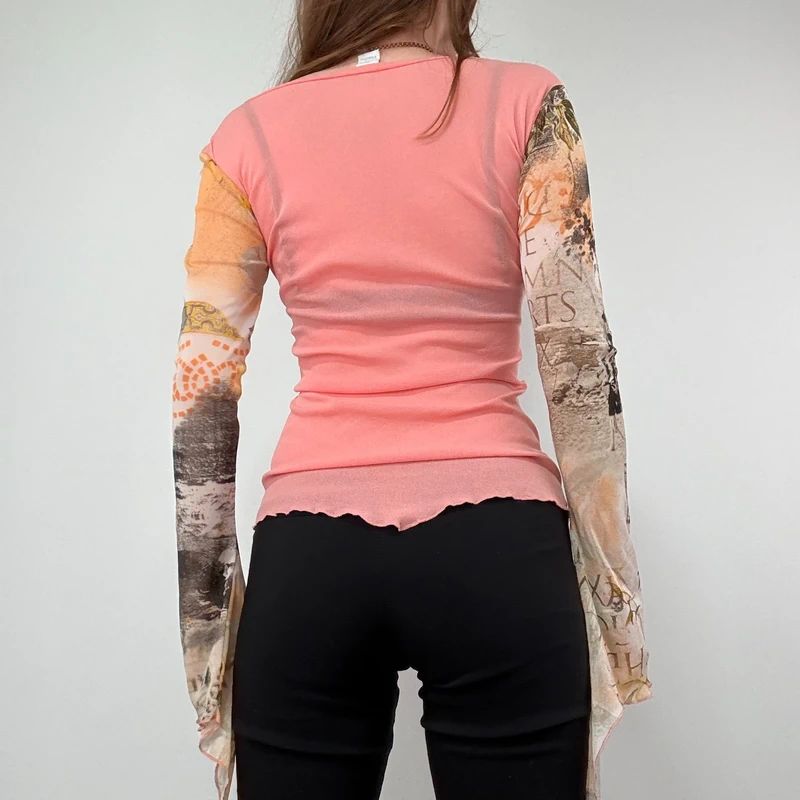 Graphic Mesh Printed Grunge Top