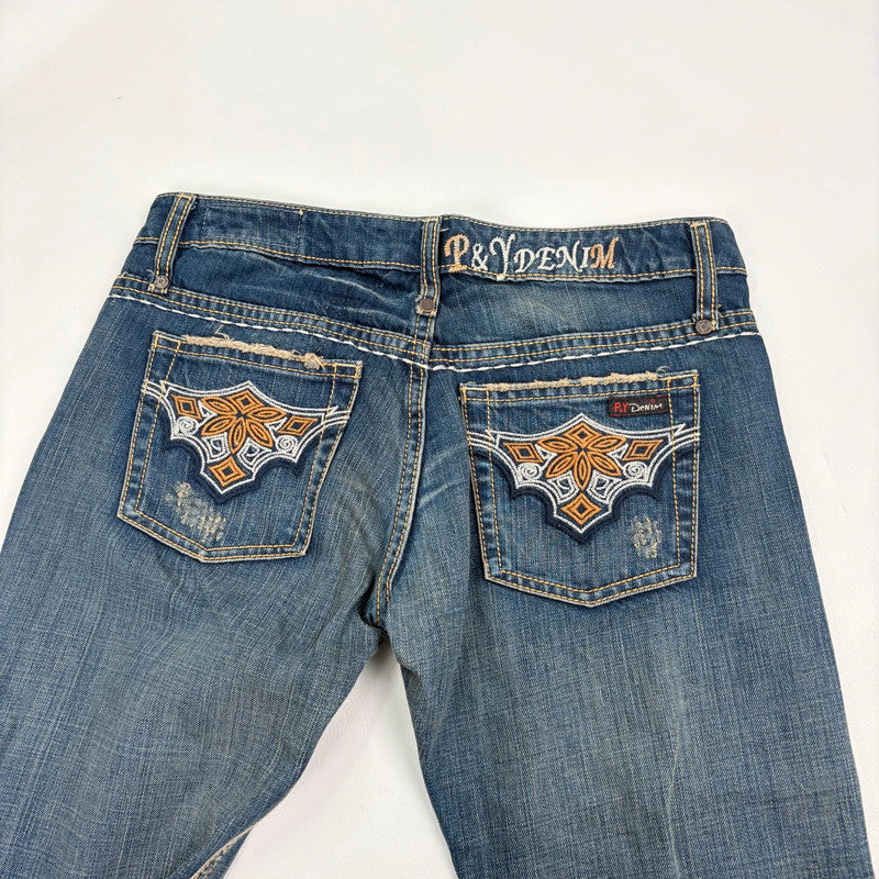 distressed denim low rise flared jeans