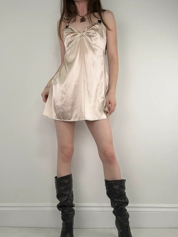 Satin dusty pink mini bow slip dress