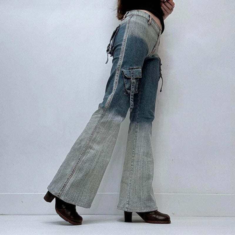 distressed grunge flared cargo jeans