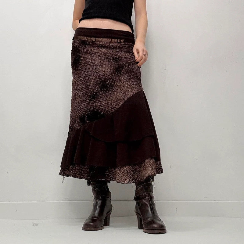 brown distressed textured layered maxi skirt
