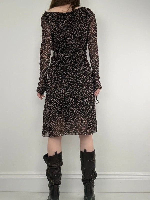 black polkadot long sleeve mesh slouchy dress