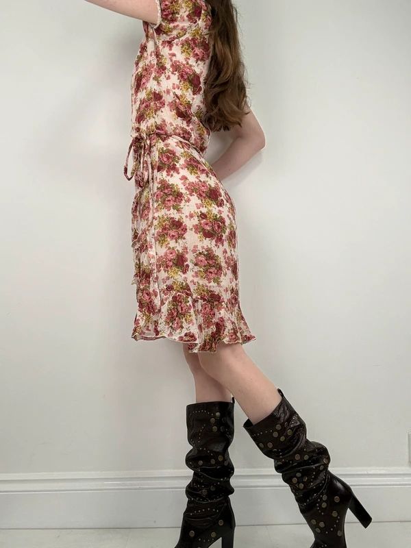 floral rose ruffle wrap around mini summer tea dress