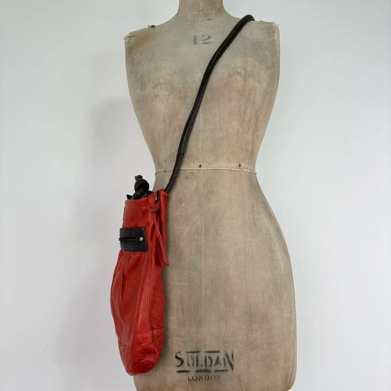 Vintage Red leather ruched pouch bag