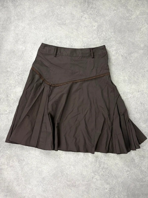 brown asymmetric waistband flared midi skirt