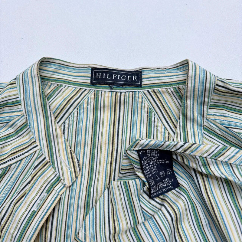 green pinstriped high neck button shirt