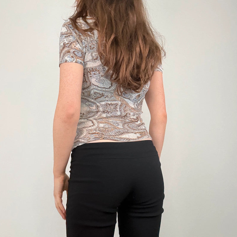 grey brown paisley mesh gathered wrap top