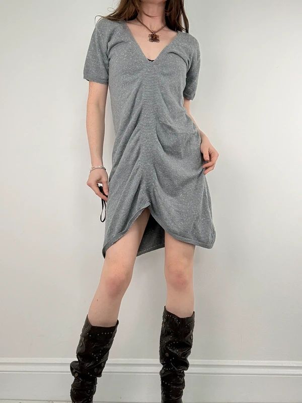 grey gathered draped front asymmetric dress