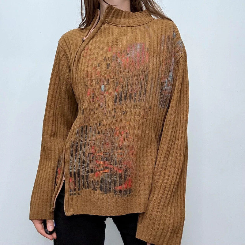 tan ribbed flared asymmetric-zip jumper