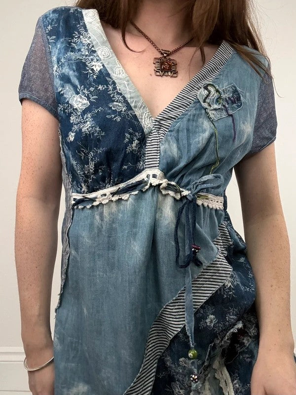 Floral lace blue flared patchwork midi dress