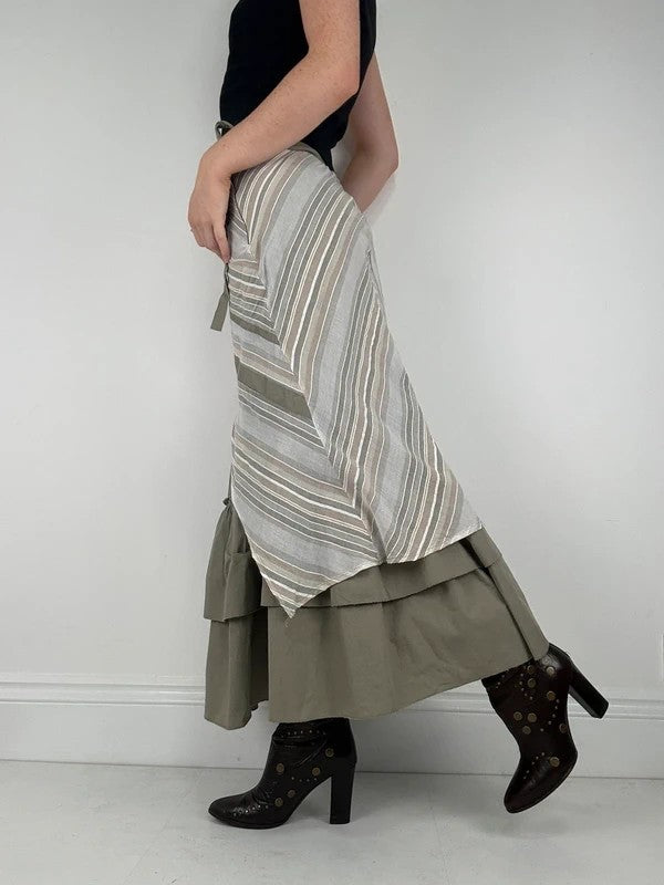 khaki layered pleated ruffle cotton maxi skirt