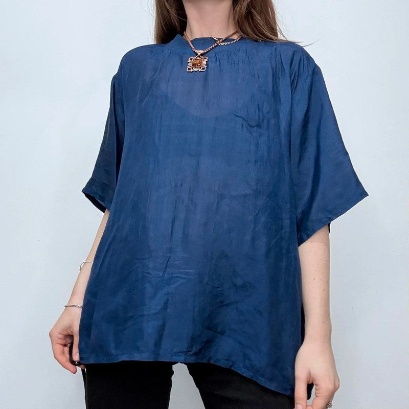 blue silk slouchy top blouse