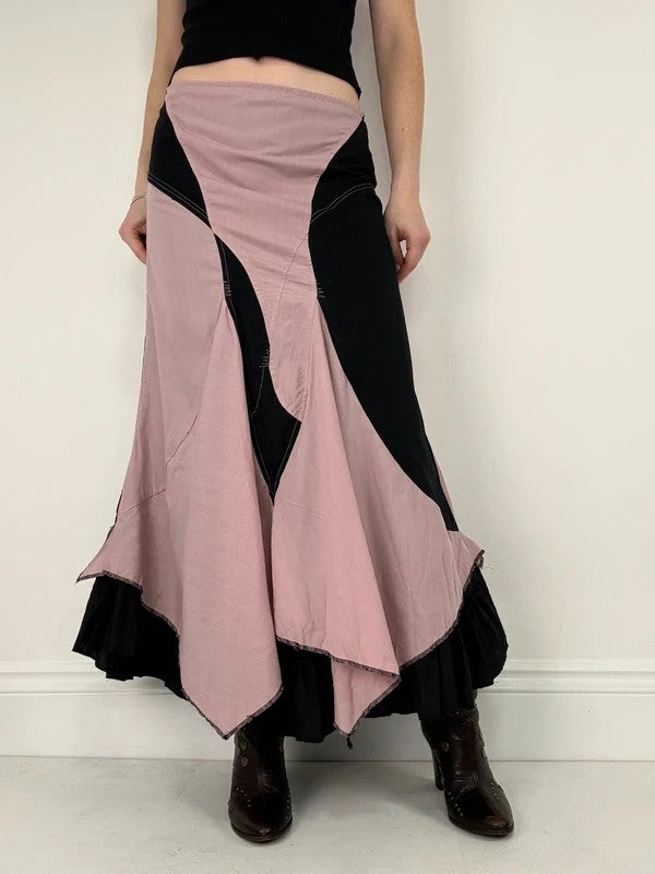 pink and navy gathered asymmetric flared maxi skirt