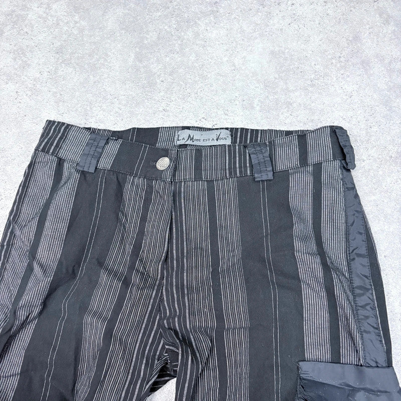 black pinstripe gathered structured cropped trousers